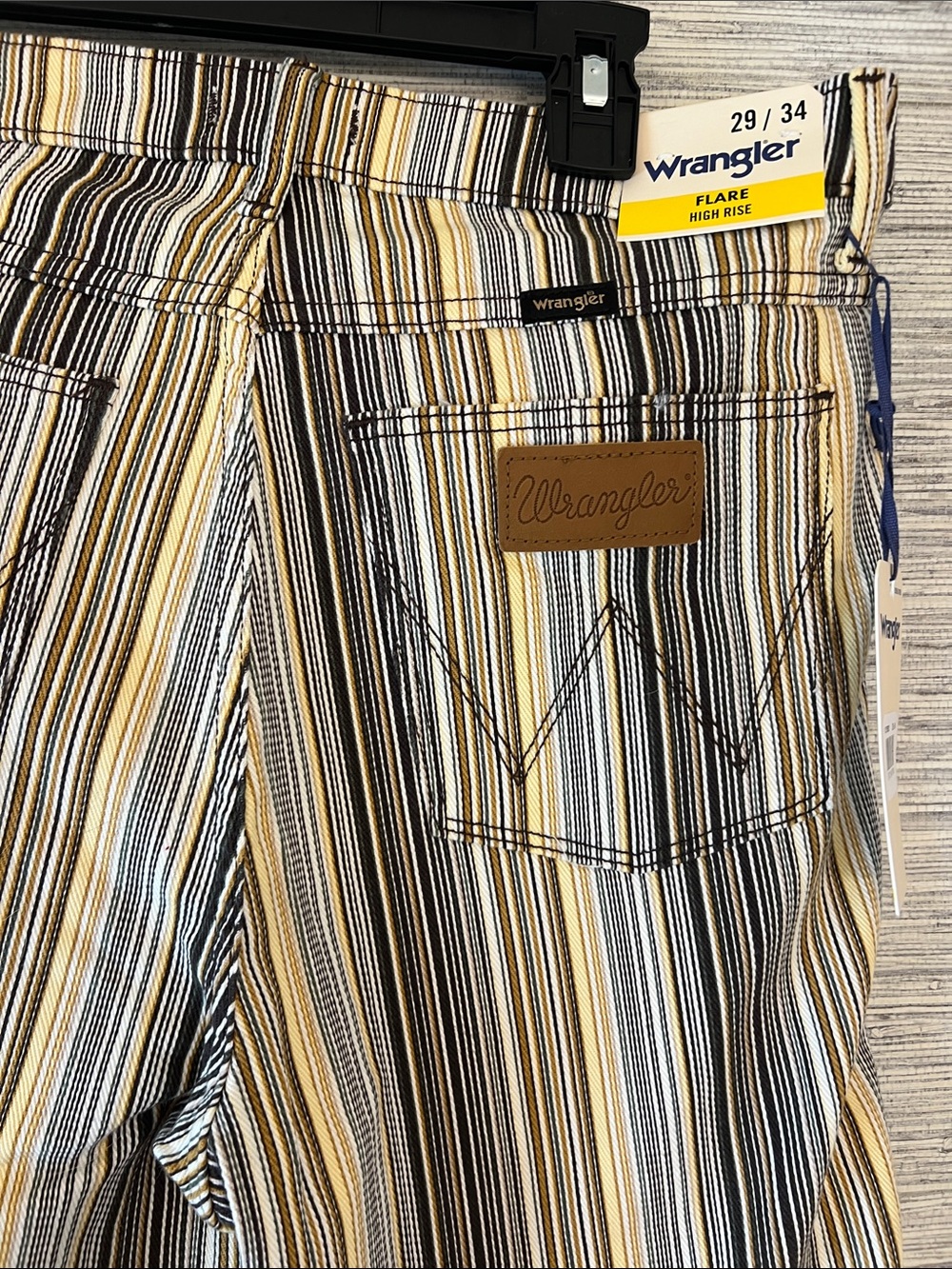 Wrangler High Rise Flare Jeans in Yellow Black White Stripe